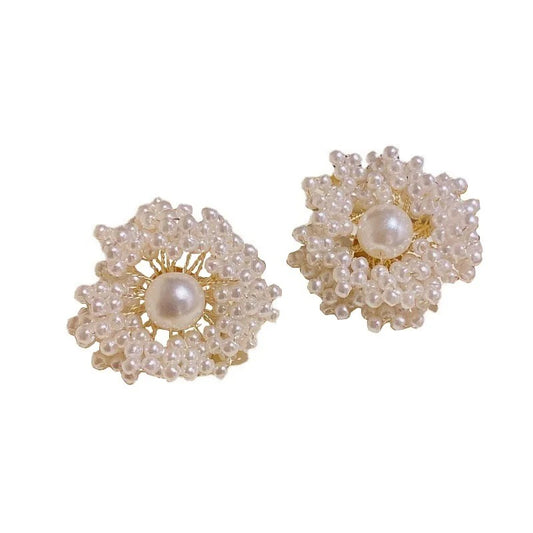 Handmade white pearl beaded white flower earrings