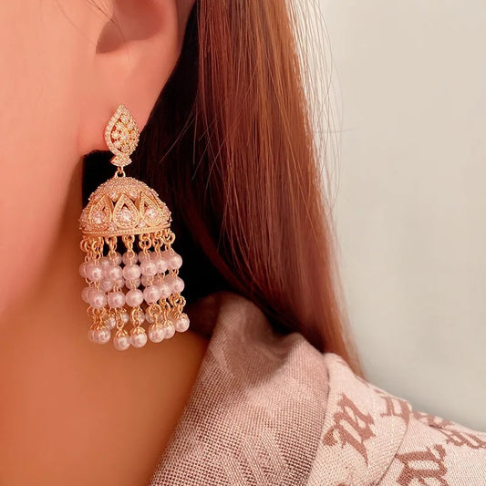 Gold tiers jhumka cz and pearl earrings